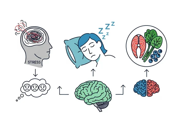 Icons representing stress, sleep, nutrition affecting brain.