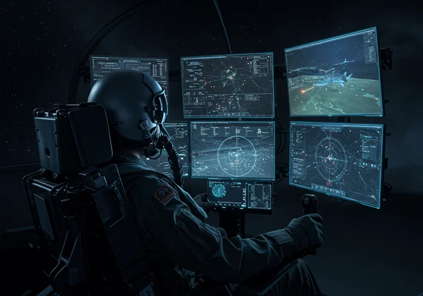 Fighter pilot in advanced flight simulator training
