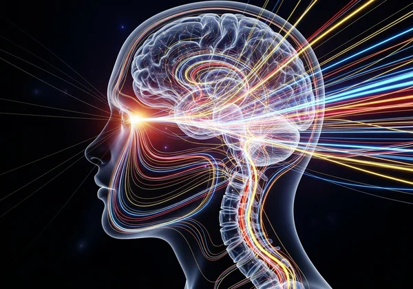 Abstract visual of neural pathways in a human brain.