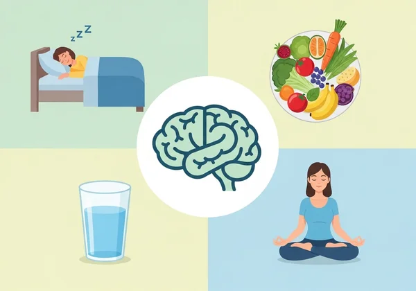 Icons representing sleep, nutrition, hydration, and brain health.