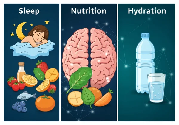 Icons representing healthy sleep, diet, and hydration for brain